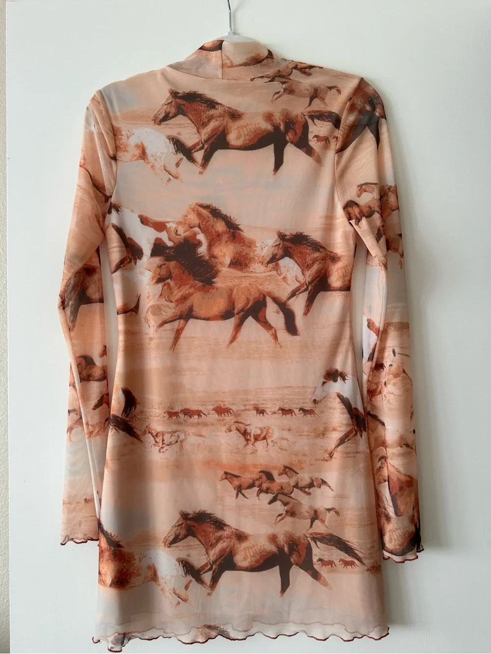 Horse Print Long Sleeve Mesh Mini Dress - Tan & Peach Tones - Picture 4 of 4
